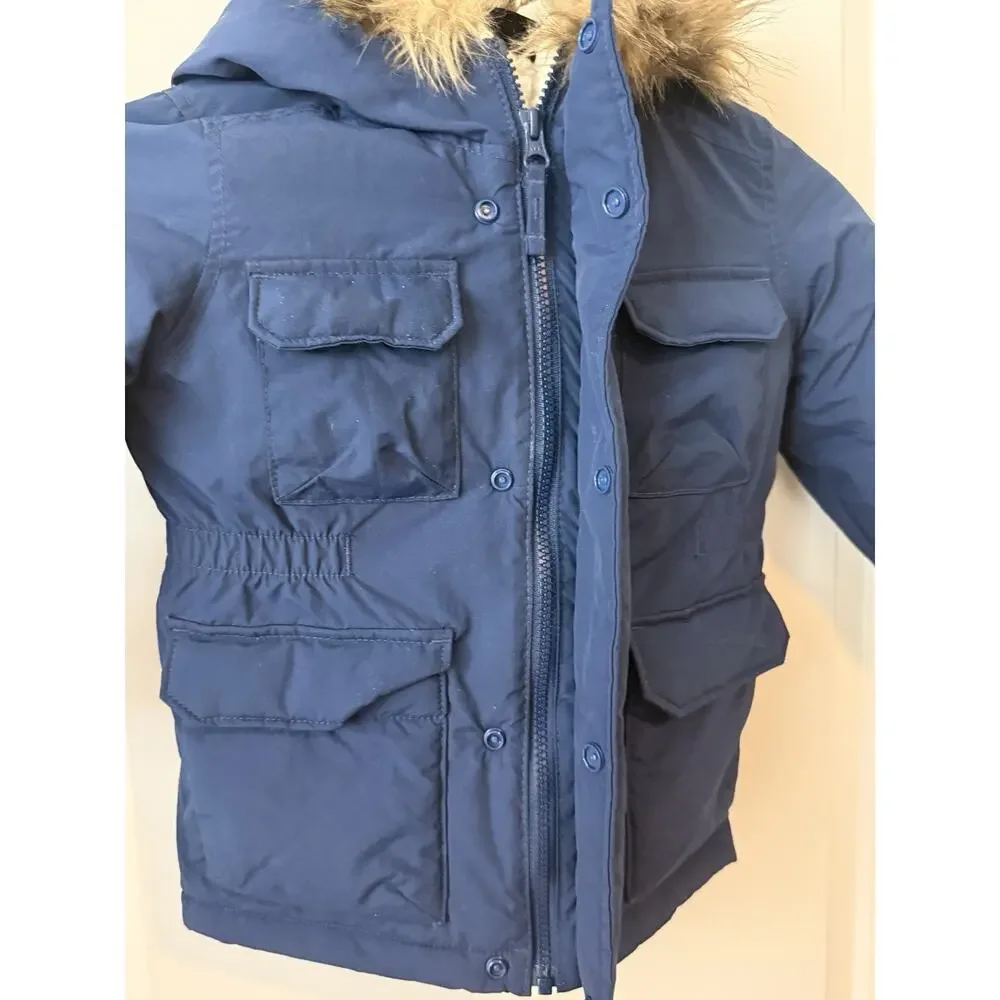 Children’s Place Navy Faux Fur Hooded Puffer Jacket Size XS 4